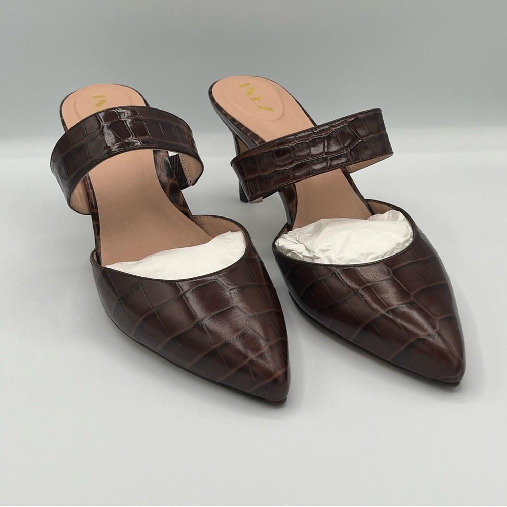 Inez Mora Mule in Cocoa Croco Pointed Toe Embossed Leather Slip-On Shoes - Picture 7 of 11